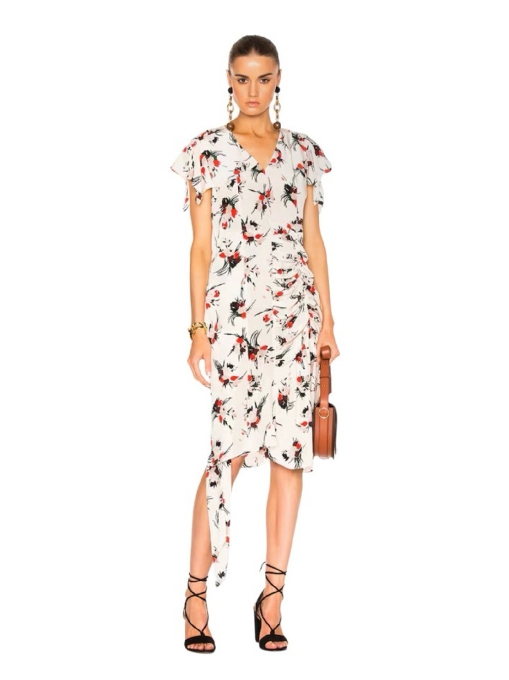 Marni 100% silk Ivory Midi Dress with Red and Black Floral Print